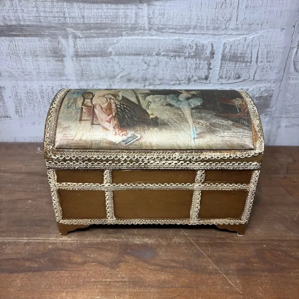 Vintage Japanese Wooden Jewelry Box with Silk Top